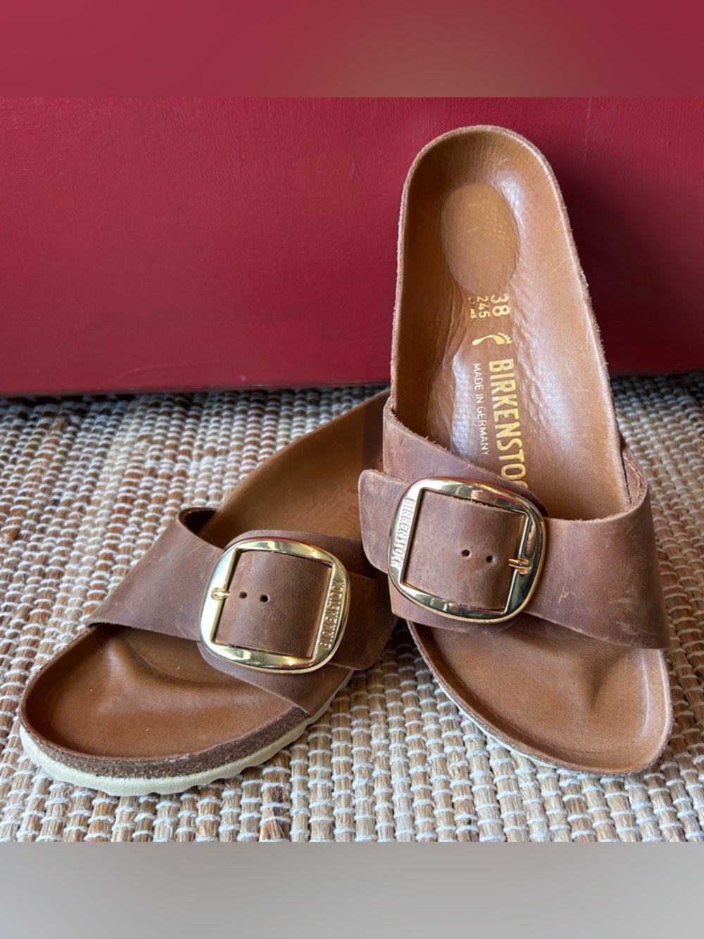 BIRKENSTOCK s38 ‘MADRID’ big buckle slides in Cognac leather-look NEW-worn twice